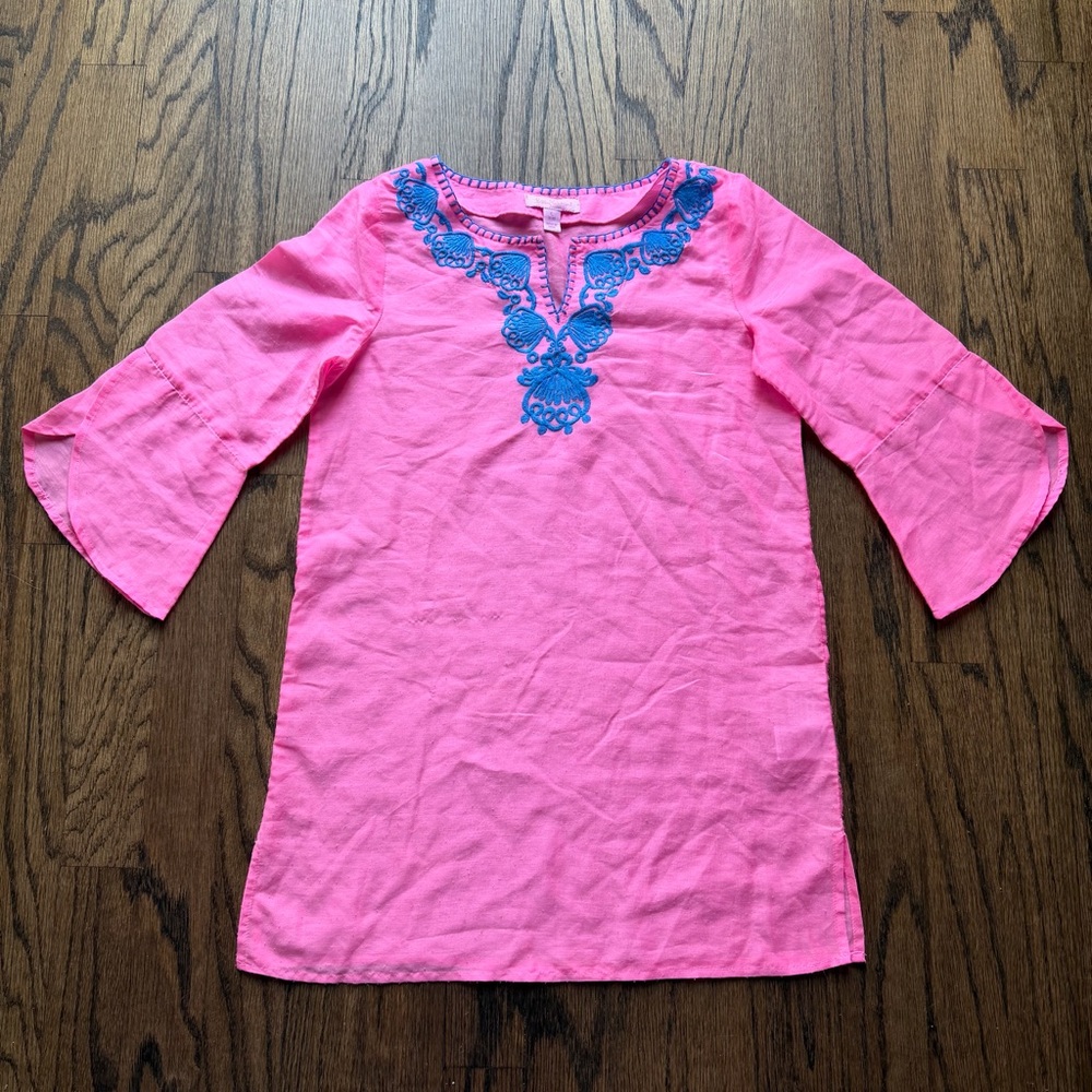 Lilly Pulitzer Pink swim Coverup with Blue Embroidery
